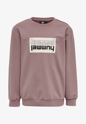 Mikina z fleecu v odstínu světlé mauve s klasickým kulatým výstřihem, žebrovanými manžetami a výraznou černobílou grafikou "hummel" na přední straně.