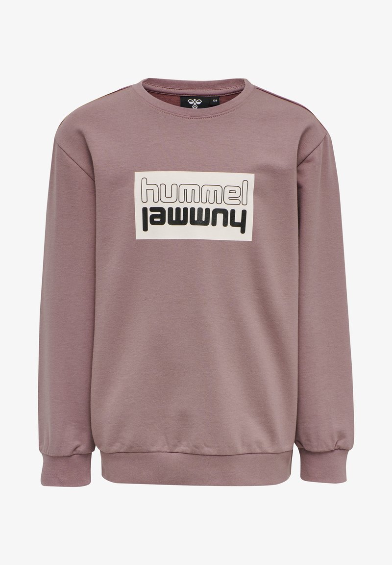 Felpa in pile di un leggero mauve con collo a girocollo, polsini a coste e una bold grafica nera e bianca "hummel" sul davanti.
