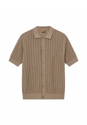 Beež lühikeste varrukatega kootud kardigan, millel on ees nööbid ja lame krae, vertikaalsed kaabelmustritest triibud.