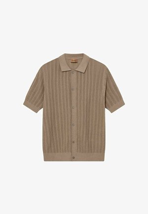 Beež lühikeste varrukatega kootud kardigan, millel on ees nööbid ja lame krae, vertikaalsed kaabelmustritest triibud.