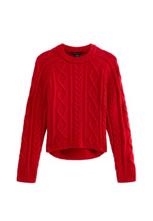 Maglione rosso lavorato a maglia con un motivo a trecce testurizzato, scollo rotondo e maniche lunghe. Vestibilità cropped con dettagli a coste sull'orlo.