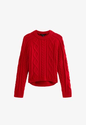 Rode gebreide trui met een textuur kabelpatroon, ronde halslijn en lange mouwen. Verkorte pasvorm met geribbelde zoomdetails.