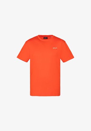 Oranje katoenen t-shirt met een ronde hals, korte mouwen en een klein wit logo op de bovenste linkerkant van de borst. Zachte textuur en een klassieke pasvorm.