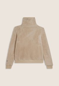 Pullover in pile beige con colletto alto, superficie testurizzata, maniche lunghe e polsini e orlo ribattuti. Caratterizzato da un logo sulla manica.