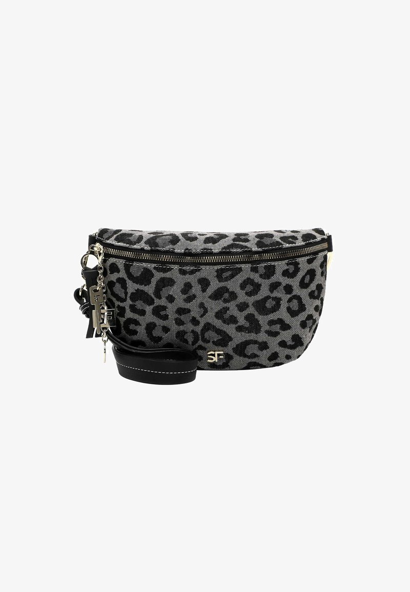 Borsa a tracolla con stampa leopardata in tessuto grigio e nero, con chiusura zip, dotata di una tracolla rimovibile e accenti in metallo argentato.