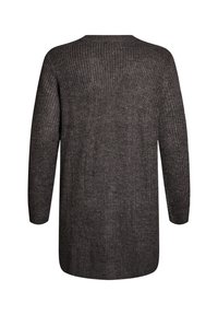 Tmavo sivý pletený sveter s voľným strihom, dlhými rukávmi a zaobleným výstrihom. Štruktúrovaná tkanina s jemným vzorom.