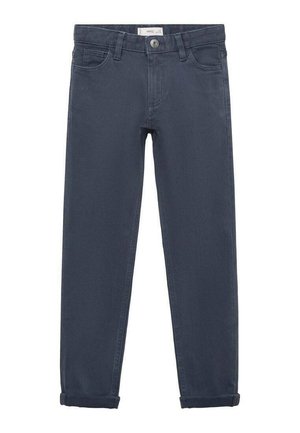 Donkerblauwe denim jeans met een rechte pasvorm, opgerolde pijpen, vijf zakken en een sluiting met knoop aan de voorkant. Zachte textuur met een strak ontwerp.