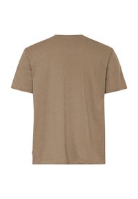 T-shirt marron uni à manches courtes avec col rond, vu de dos sur fond blanc.