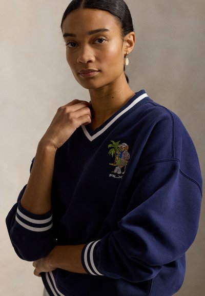 Μπλε φούτερ με λαιμόκοψη V, μανσέτες και τελείωμα με λευκές ρίγες, με κεντημένο σχέδιο χαρακτήρα με φοίνικα και αθλητικά παπούτσια.