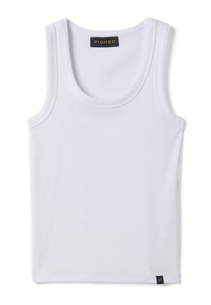Canotta bianca in cotone a coste senza maniche con scollo a U, con etichette nere con testo giallo "PIOMBO" sul colletto e "P" sull'orlo.