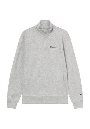 Grauer Fleece-Pullover mit einem Viertel-Reißverschluss, geripptem Kragen und Seitentaschen. Mit einem dunkelblauen Logo auf der Brust und Akzenten an den Bündchen.