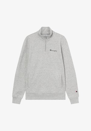 Pullover in pile grigio con zip quarti, colletto a coste e tasche laterali. Presenta un logo blu scuro sul petto e dettagli a coste sui polsini.