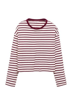 Maronen- und weiße gestreifte Langarm-Crop-Top mit rundem Ausschnitt und dehnbarem Baumwollmaterial. Verfügt über gleichmäßige vertikale Streifen.