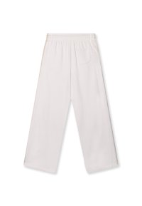 Witte, wijde broek met elastische tailleband, zijzakken en subtiele textuur. Lichtgewicht stof geschikt voor casual wear.