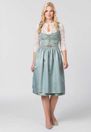 Traditional dress with a fitted bodice in light green fabric, lace three-quarter sleeves, pleated skirt, and decorative button details.