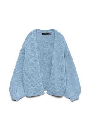 Light blue knitted cardigan with an open front, oversized sleeves, and ribbed cuffs. Soft texture and relaxed fit. No buttons or fasteners.