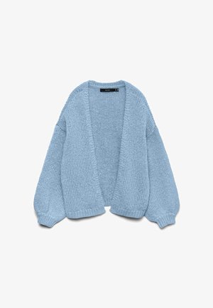 Light blue knitted cardigan with an open front, oversized sleeves, and ribbed cuffs. Soft texture and relaxed fit. No buttons or fasteners.