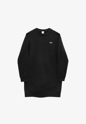 Black long-sleeve crewneck sweatshirt dress with small white Vans logo on the left chest, ribbed cuffs, and hem.