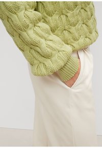 Hellgrüner Strickpullover mit strukturiertem Kabelmuster, ausgestattet mit gerippten Bündchen, kombiniert mit kremfarbigen Hosen.