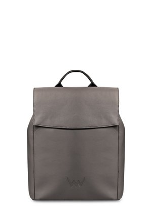 Gray leather backpack with a smooth texture, flap closure, short top handle, and embossed logo at the bottom. Square shape.