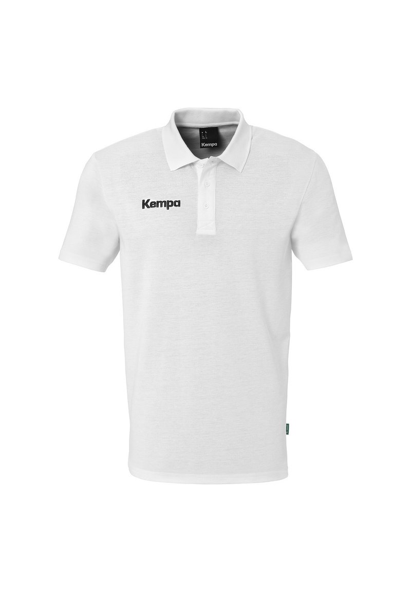 Hvid polo skjorte lavet af bomuld med klassisk krave, korte ærmer og et sort "Kempa" logo på venstre bryst.