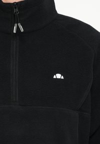 Czarna bluza polarowa z wysokim kołnierzem i przednim półzamkiem. Na lewej piersi małe białe logo. Miękka w dotyku i o luźnym kroju.