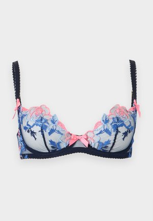 Priesvitná námornícka modrá podprsenka s modrým a ružovým kvetinovým vyšívaním a ružovými stužkami na ramienkach a v strede vpredu.