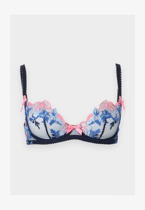 Διαφανές σκούρο μπλε σουτιέν με μπλε και ροζ κεντήματα με floral μοτίβα και ροζ φιόγκους στα λουριά και στο κέντρο μπροστά.