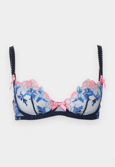 Διαφανές σκούρο μπλε σουτιέν με μπλε και ροζ κεντήματα με floral μοτίβα και ροζ φιόγκους στα λουριά και στο κέντρο μπροστά.