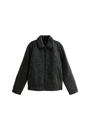 Grey zip-up jacket with a collared neckline. Made from textured fabric with a soft finish. Features two side pockets and long sleeves.