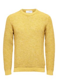 Gelber Strickpullover mit rundem Ausschnitt und strukturiertem Muster. Verfügt über lange Ärmel und gerippte Bündchen am Saum und am Ausschnitt.