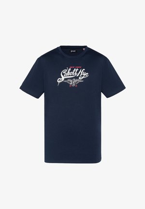 Camiseta de algodón azul marino con un estampado gráfico de alas y el texto "Schott NY 1913" en blanco y rojo, de manga corta y cuello redondo.