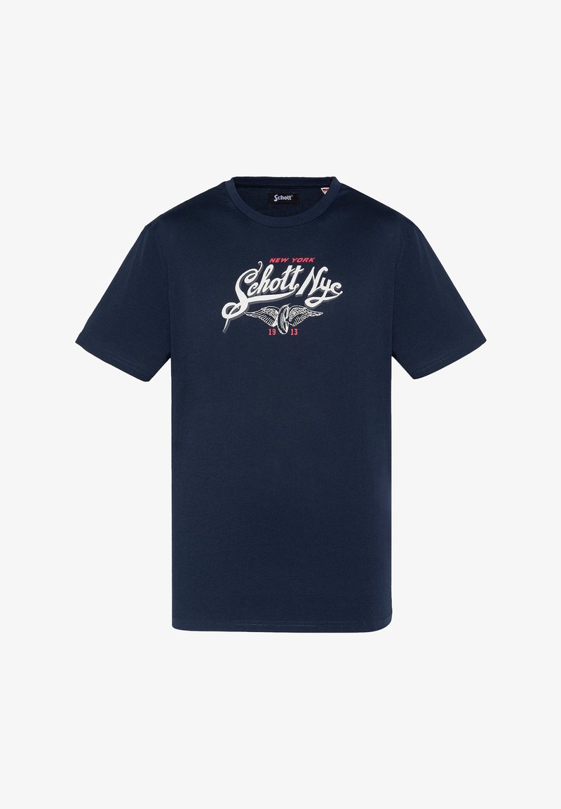 Navyblaue Baumwoll-T-Shirt mit einem Grafikdruck von Flügeln und dem Text "Schott NY 1913" in Weiß und Rot, kurzen Ärmeln und Rundhalsausschnitt.