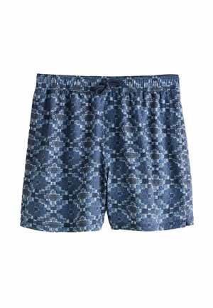 Pantaloncini da bagno in tonalità blu con motivo geometrico, realizzati in tessuto leggero. Presentano un elastico in vita e chiusura con coulisse.