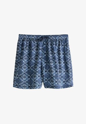 Bañadores en tonos azules con un patrón geométrico, confeccionados con tela ligera. Presentan una cintura elástica y cierre con cordón.