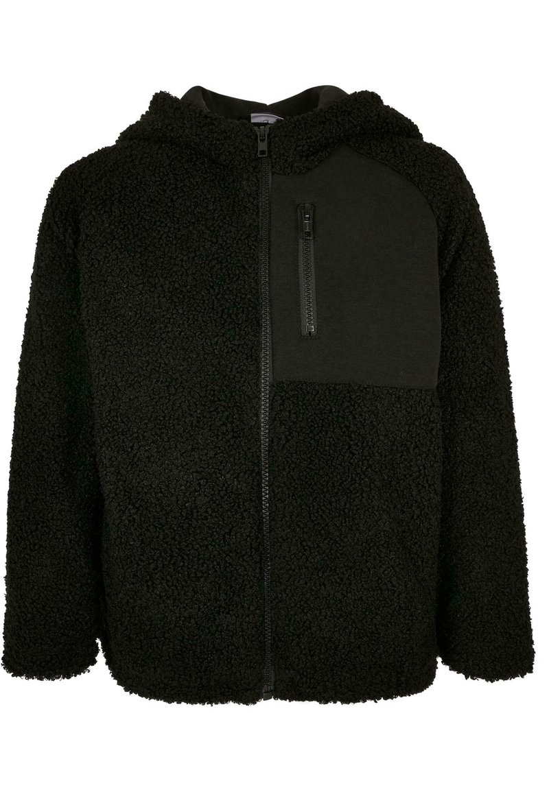 Zwarte fleece hoodie met een textuur, fuzzy buitenkant en een gladde, matte voorpaneel. Ritszak op de linker borst.