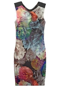 Robe ajustée sans manches avec un grand imprimé floral multicolore sur fond noir et un décolleté en V avec une fermeture éclair dorée au dos.
