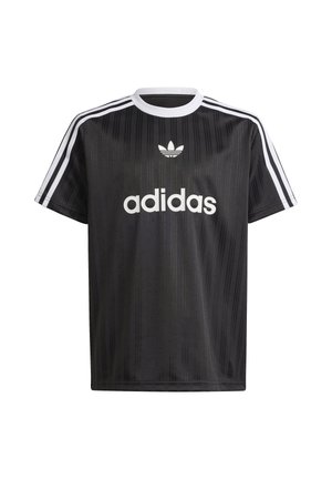 T-shirt sportivo nero realizzato in tessuto leggero, con strisce verticali, colletto bianco e tre strisce bianche sulle spalle. Logo "adidas" in bianco.