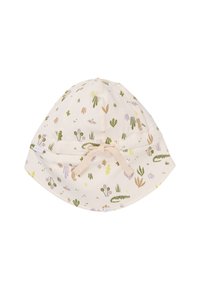 Hellbeige Baumwoll-Bucket-Hut mit blumen- und blattförmigen Mustern in Grün, Lila und Braun. Besitzt ein gebundenes Stoffdetail an der Vorderseite.