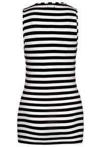 Sleeveless, fitted top with horizontal black and white stripes. Soft fabric, round neckline, and plain back detailing. No embellishments.