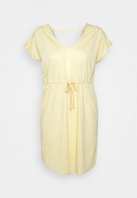 Vestido amarelo de manga curta com decote em V e cintura ajustável. Tecido suave, corte descontraído e comprimento até ao joelho. Sem padrões ou adornos.