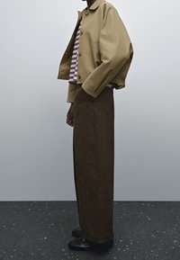 Giacca beige tagliata con grandi bottoni sopra una camicia a righe, abbinata a pantaloni larghi marroni. Scarpe nere completano l'outfit.