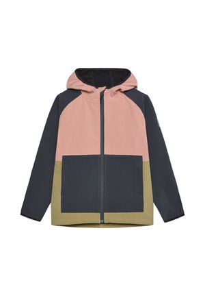 Hooded jacket featuring a zip front, color-blocked design in pink, navy, and olive green, with a smooth texture and two front pockets.