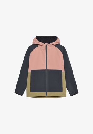 Hættetrøje med lynlås foran, farveblokdesign i pink, navy og olivengrøn, med en glat tekstur og to forlommer.