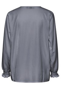 Grå bluse med lange ærmer, glat tekstur, afslappet pasform og samlede manchetter. Enkel design med rund halsudskæring og uden pynt.