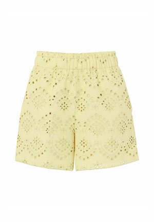 Shorts en coton jaune avec broderie à œillets, taille élastique et motifs floraux festonnés découpés.