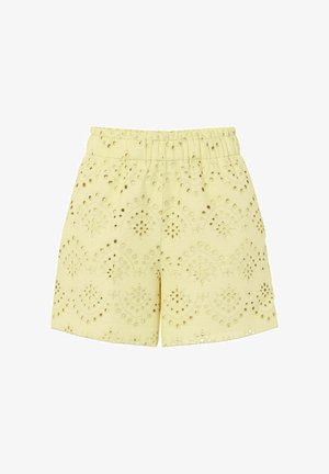 Žluté bavlněné šortky s vyšíváním na průstřihy, elastickým pasem a vroubkovanými květinovými výřezy.