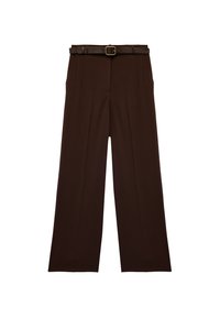 Pantalones de pierna ancha color marrón, hechos de una tela suave, con un cinturón a juego y una hebilla dorada. Los pantalones tienen un frente limpio con bolsillos laterales.