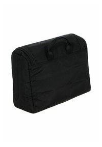 Borsa nera in nylon con forma rettangolare, dotata di una chiusura con zip e due manici superiori. Texture liscia con dettagli minimi.