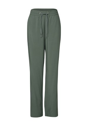 Pantalons verts, légers, à coupe décontractée avec une taille élastique et un cordon de serrage. Présentent des jambes droites et sans motifs ni éléments de fixation visibles.